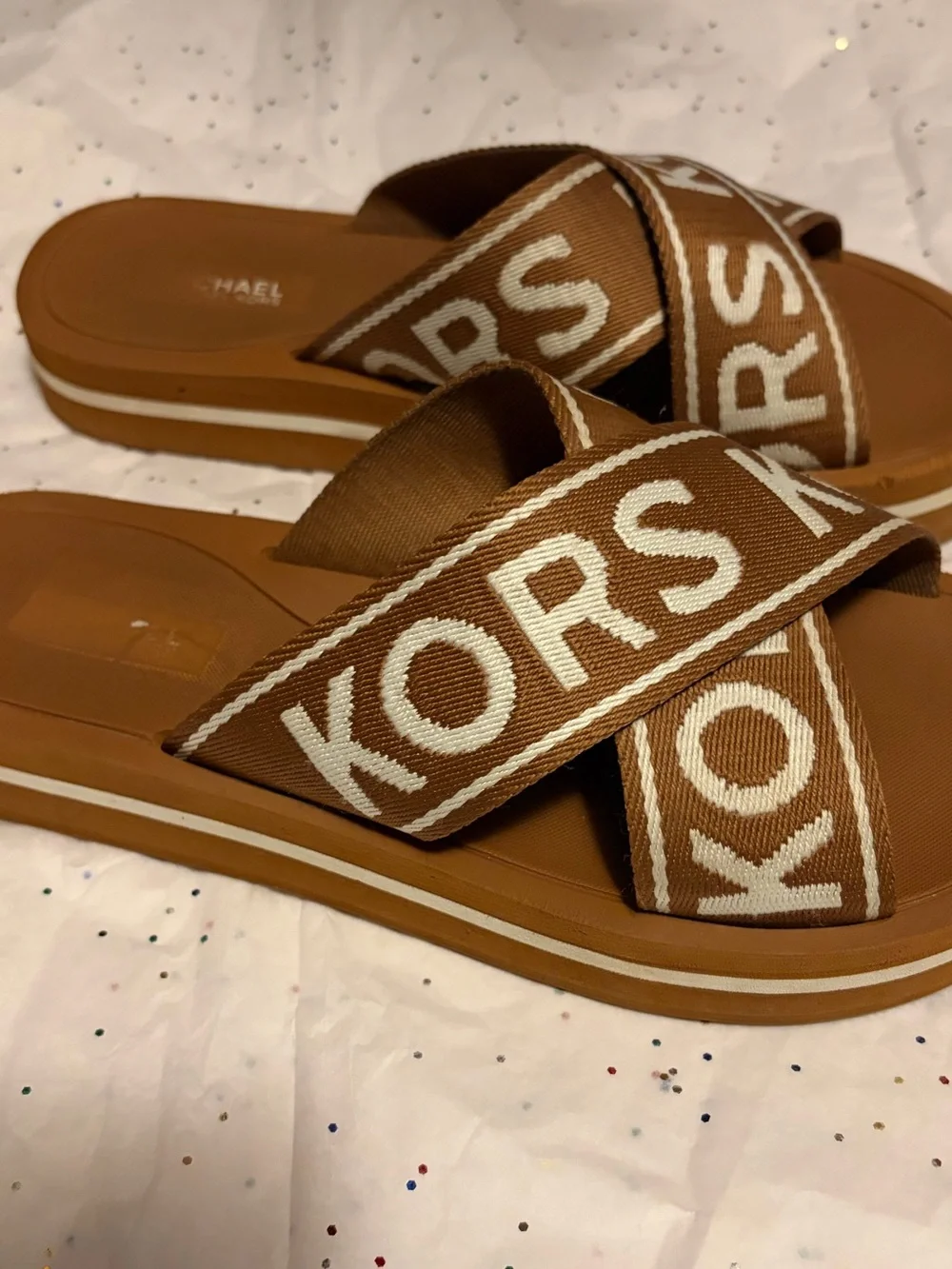 Michael Kors Brown and White Logo Crossband Slide Sandals